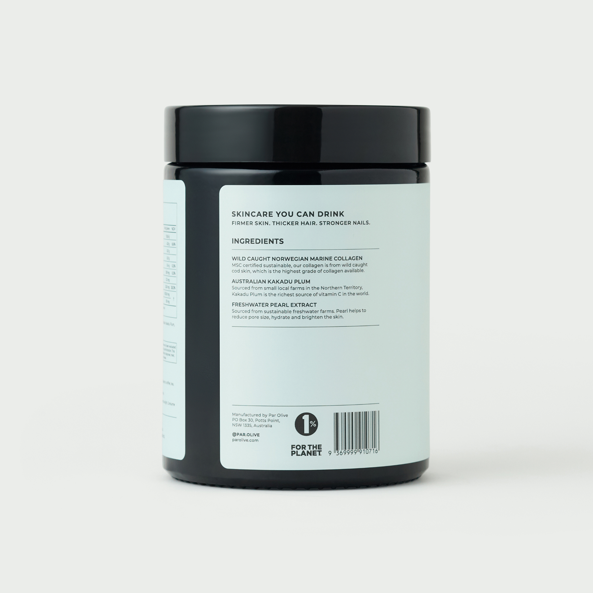 Marine collagen powder jar back label with details