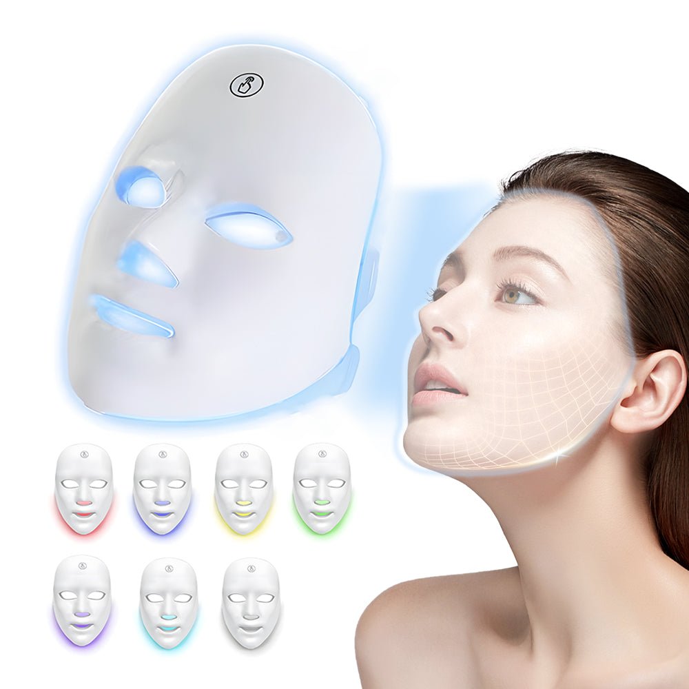 LED light therapy mask shown lit in red